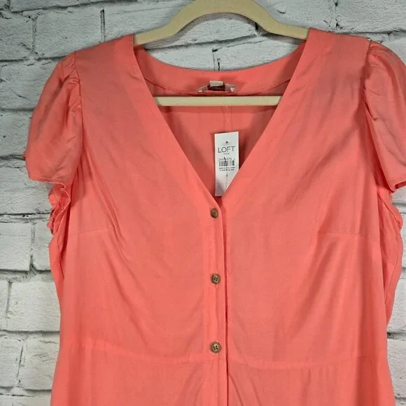 LOFT Peach Button-Front Midi Dress - Picture 2 of 15